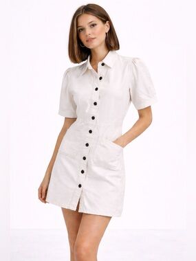 NWT! Velvet Heart Romina Ecru Denim Dress Sz Small Button Front Puff Sleeve